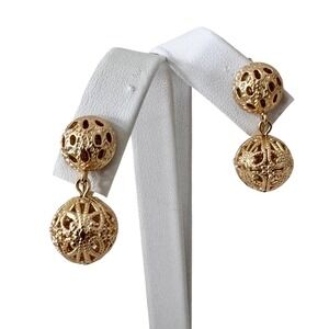 Crown Trifari Gold Tone Filigree Bead Dangling Statement Earrings, Clip On Retro